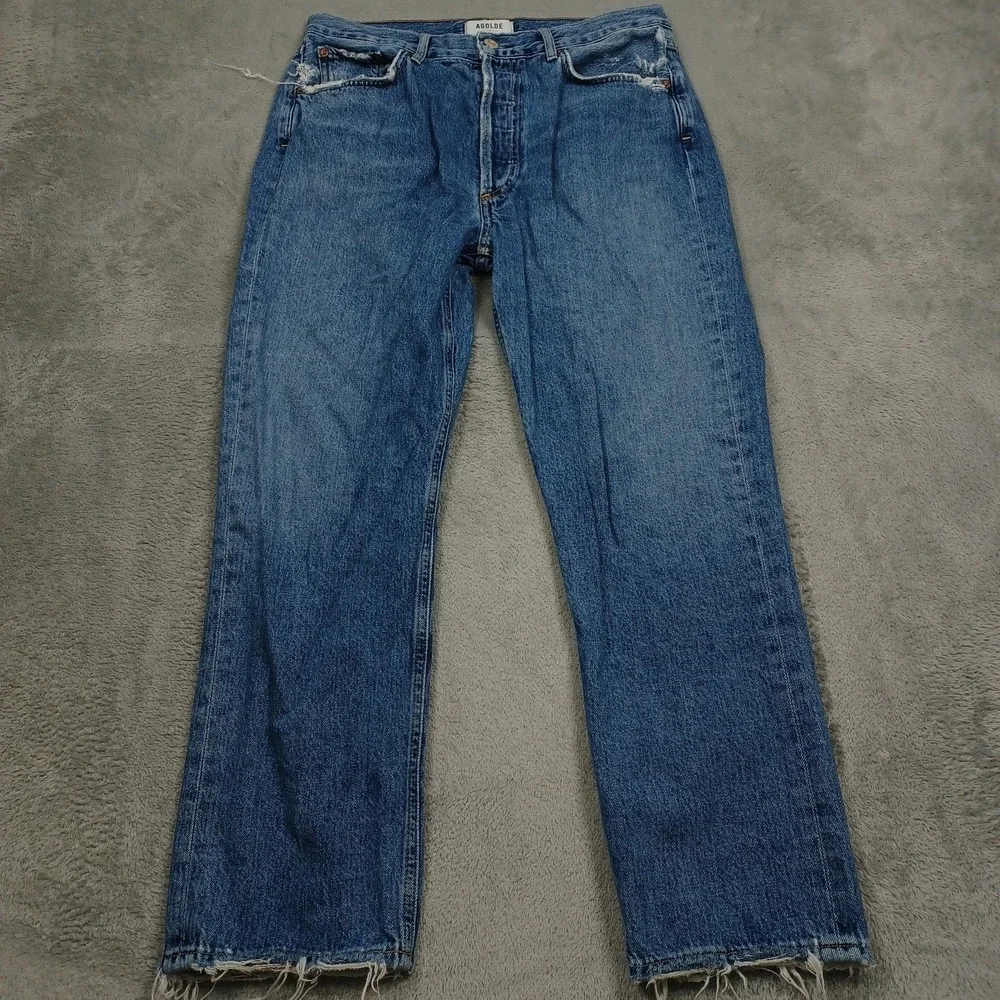 Agolde Jeans Womens 29 Blue Denim Distressed High Rise Cropped Riley Preppy